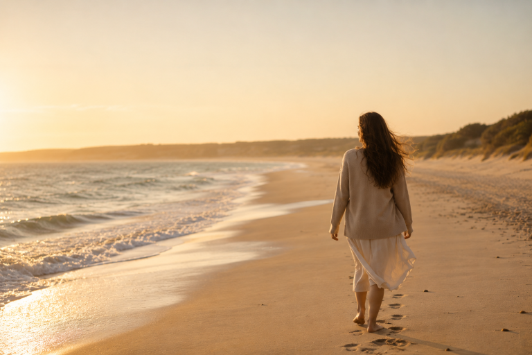 Der eigene Weg Frau geht von hinten barfuß am Strand entlang, weißes Kleid im Wind, goldenes Abendlicht über dem Meer