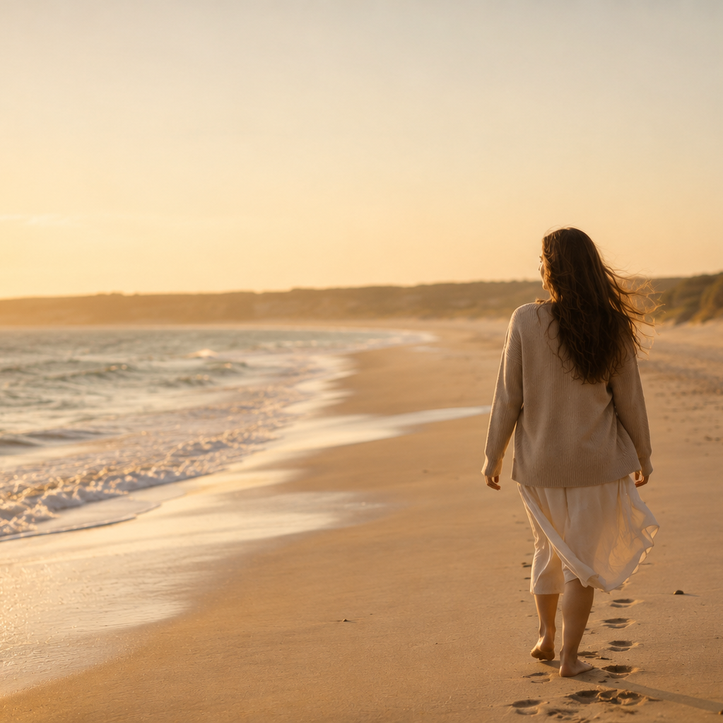 Der eigene Weg Frau geht von hinten barfuß am Strand entlang, weißes Kleid im Wind, goldenes Abendlicht über dem Meer