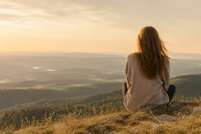 Innere Weite Frau sitzt von hinten auf einem Berggipfel und blickt in eine weite goldene Landschaft bei Sonnenuntergang