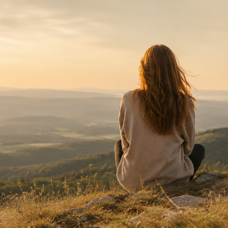 Innere Weite Frau sitzt von hinten auf einem Berggipfel und blickt in eine weite goldene Landschaft bei Sonnenuntergang