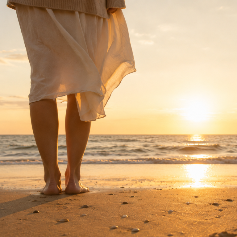 Ankommen Barfüßige Frau steht am Strand und blickt auf das Meer, Sonnenuntergang spiegelt sich im nassen Sand
