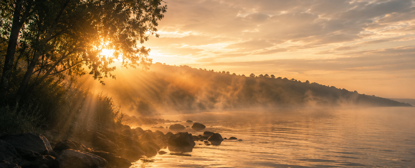 Wenn Tiefes sichtbar wird Nebliger Seeufer im goldenen Morgenlicht, Sonnenstrahlen brechen durch Bäume, Morgennebel lichtet sich über stillem Wasser