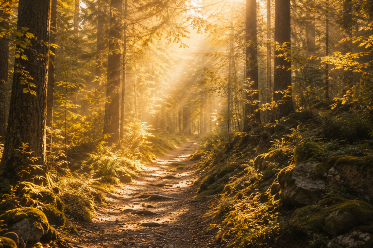 Der Weg nach innen Schmaler Waldweg im goldenen Morgenlicht, Sonnenstrahlen brechen durch hohe Bäume, moosbedeckte Steine am Wegrand