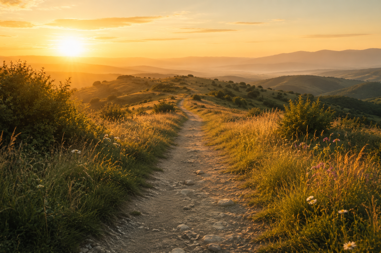 Neue Wege eldweg führt durch blühende Wiesen in eine weite Landschaft, warmes goldenes Abendlicht, Sonnenuntergang über sanften Hügeln
