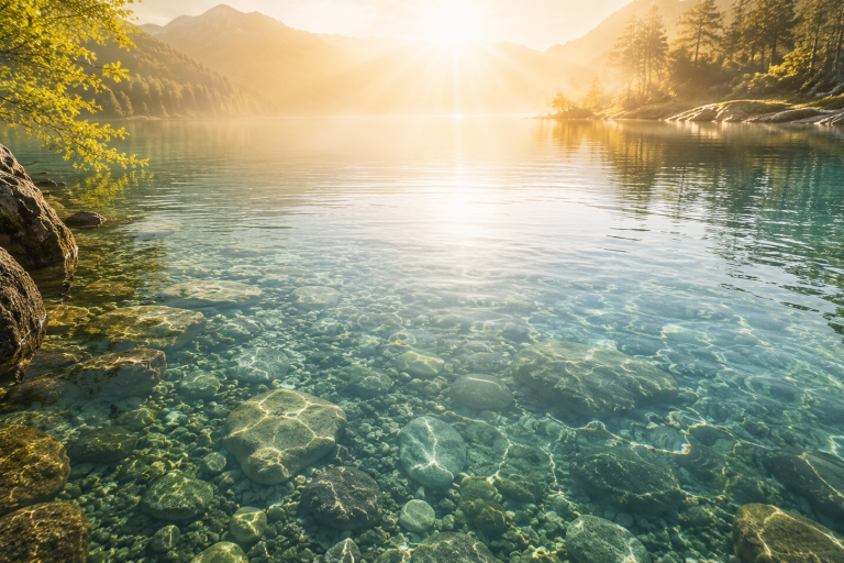 Innere Klarheit ristallklarer Bergsee mit sichtbarem Grund, goldenes Morgenlicht spiegelt sich im Wasser, Berge im Hintergrund