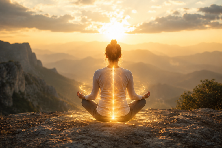 Energetische Kraft Frau meditiert von hinten auf einem Berggipfel, goldenes Energiefeld entlang der Wirbelsäule, Sonnenuntergang über weiter Berglandschaft