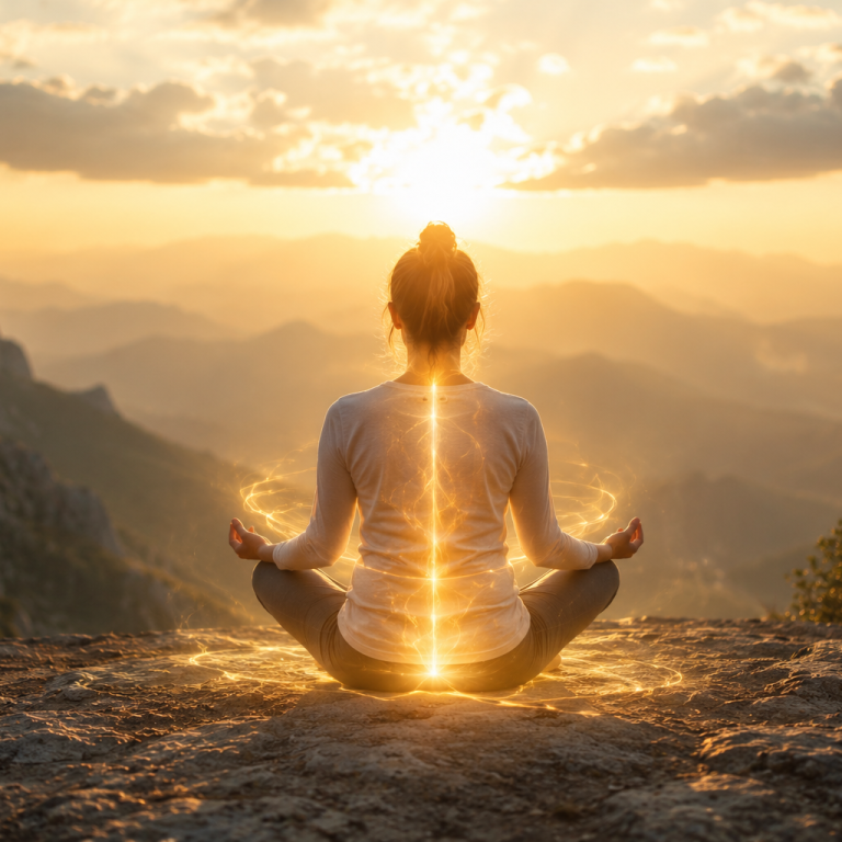 Energetische Kraft Frau meditiert von hinten auf einem Berggipfel, goldenes Energiefeld entlang der Wirbelsäule,Sonnenuntergang über weiter Berglandschaft