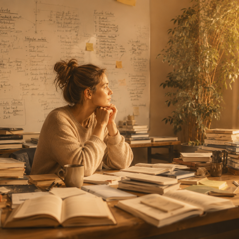 Wissen allein reicht nicht Frau sitzt nachdenklich vor vollgeschriebenem Whiteboard mit Werten und Zielen, umgeben von Büchern, goldenes Licht