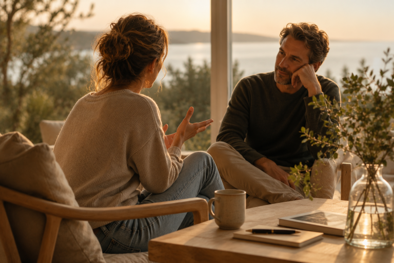 Im Gespräch Frau und Mann sitzen sich gegenüber in tiefem Gespräch, warmes Abendlicht, Blick auf Meer und Natur im Hintergrund