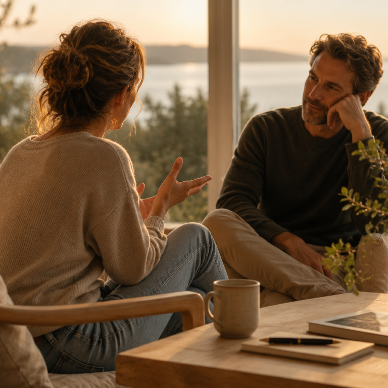 Im Gespräch Frau und Mann sitzen sich gegenüber in tiefem Gespräch, warmes Abendlicht, Blick auf Meer und Natur im Hintergrund
