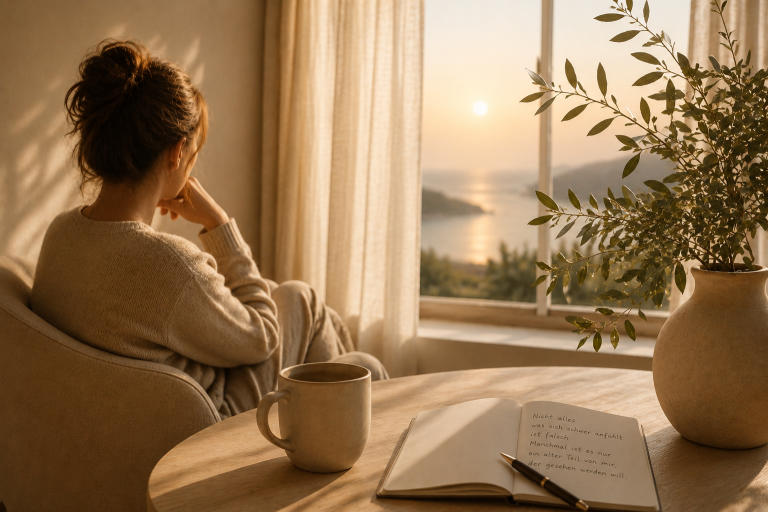 Innehalten rau sitzt von hinten am Fenster mit Blick auf Meer und Sonnenuntergang, Notizbuch mit handgeschriebenem Text im Vordergrund