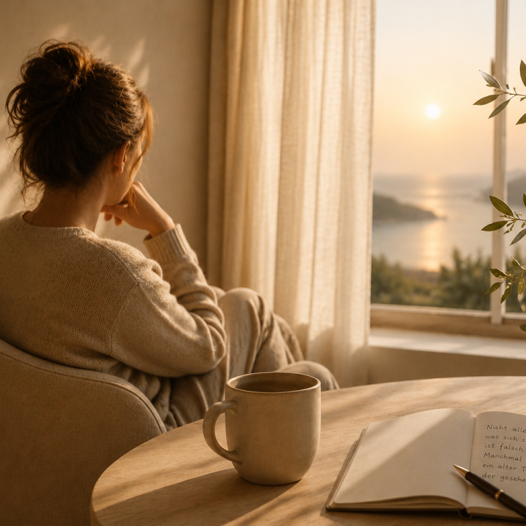Innehalten Frau sitzt von hinten am Fenster mit Blick auf Meer und Sonnenuntergang, Notizbuch mit handgeschriebenem Text im Vordergrund